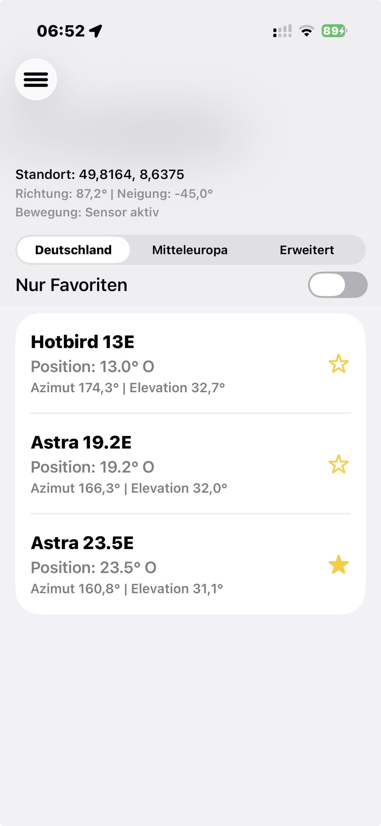 SatButler Satellitenliste mit Astra 23.5E