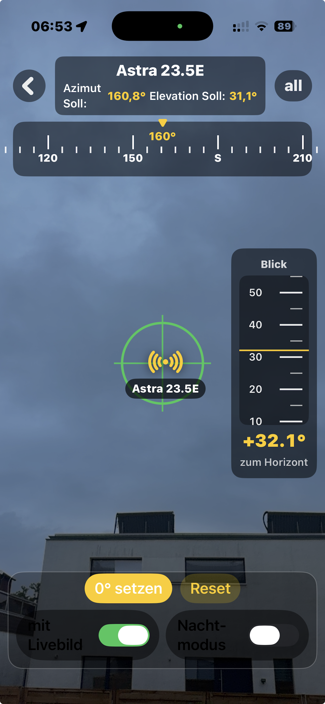 SatButler Livebild mit Astra 23.5E Zielmarkierung